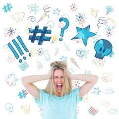 Composite image of furious blonde standing and yelling 