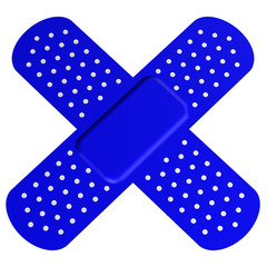 Two crossed blue bandages on white background