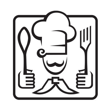 monochrome illustration of a chef with spoon and fork