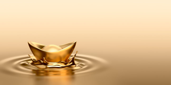 Gold Sycee (Yuanbao) drop on liquid gold 