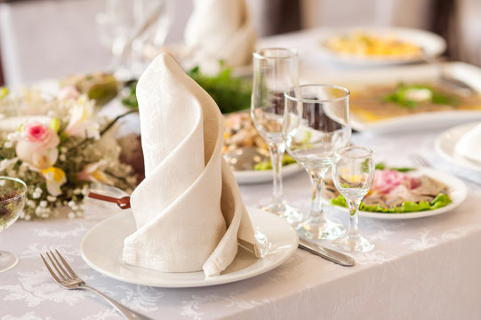 Table setting at a luxury wedding or another catered event