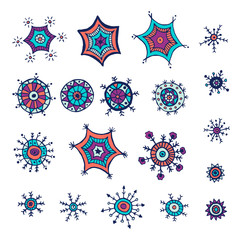 Hand drawn colorful snowflakes doodles