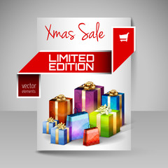 Vector Brochure Design Template with Red Christmas Gifts.