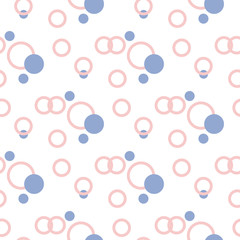 Geometric seamless pattern in pantone color of the year 2016. Abstract simple circles and dot design. Rose quartz and serenity violet colors.