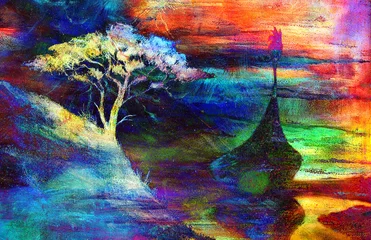 Wikingerboot und Baum am Strand, Boot mit hölzernem Drachen. Malerei Collage Tapetenlandschaft © jozefklopacka