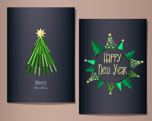 Christmas and New Year greeting cards set, vector illustration, dark blue background. Fir trees in circle symbolize the planet Earth.