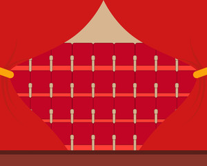 Theater stage with red curtain and seats. Flat vector illustration
