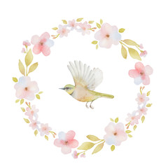 Watercolor round frame of spring flowers and a bird. 