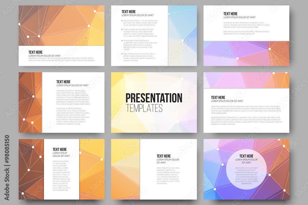 Wall mural set of 9 vector templates for presentation slides. colorful graphic design, abstract background