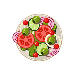 Salad of Sliced Vegetables Served Food. Vector Illustration