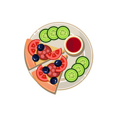 Pizza Slices, Sauce and Sliced Cucumbers Served Food. Vector Illustration