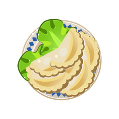 Vareniki with Lettuce Served Food. Vector Illustration