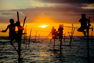 Silhouettes of the traditional fishermen at the sunset near Galle in Sri Lanka.