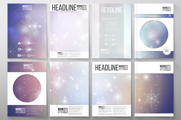 Set of business templates for brochure, flyer or booklet. Blue abstract winter background. Christmas vector style with snowflakes
