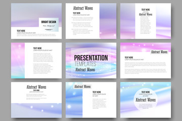 Set of 9 templates for presentation slides. Abstract wave vector background