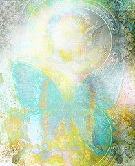 Butterfly and oriental ornamental mandala and color abstract background with spots. with dollar ornament