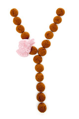 Ginger nuts, pepernoten, in the shape of letter Y isolated on wh