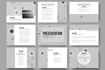 Set of 9 vector templates for presentation slides. Molecular research, cells in gray, science background