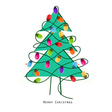 Colorful Christmas light bulb green tree new year greeting card vector