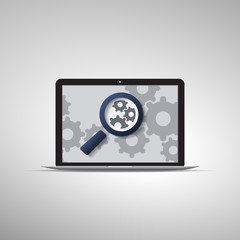 Analysis or Bugfix Symbol Concept with Magnifying Glass Icon and Gears on a Laptop Computer