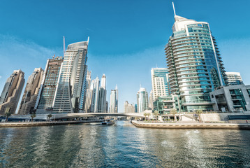 Fototapeta na wymiar Dubai Marina skyline. Beautiful buildings under a blue sky