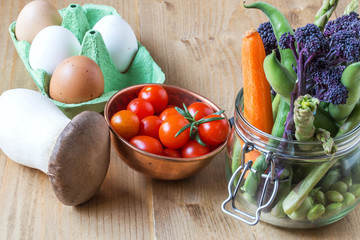 Healthy Fresh tomatoes cherryes with eggs, mushrooms and vegetab