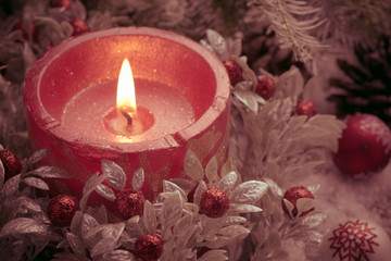 Christmas ornaments in snow.