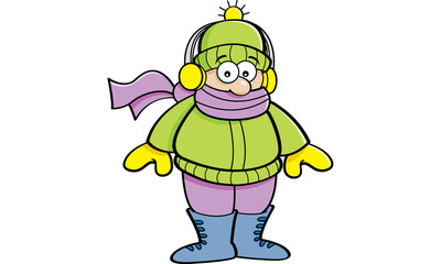 Cartoon illustration of a kid wearing winter clothing.