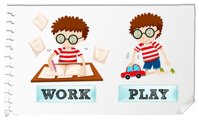 Opposite adjectives with boy working and playing