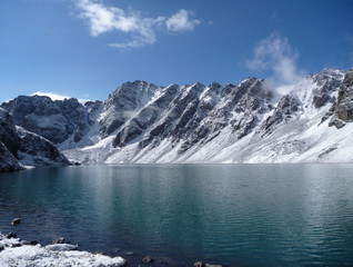 lake Alla Kol in mountains in Kyrgyzstan