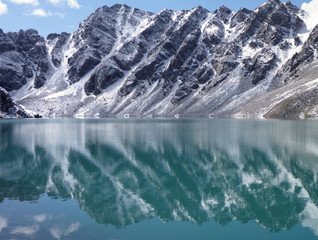 lake Alla Kol in mountains in Kyrgyzstan