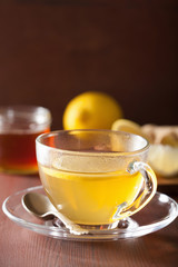 hot lemon ginger tea in glass cup