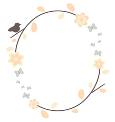 cute lovely and romantic vector branch frame wreath with flowers bird and butterflies