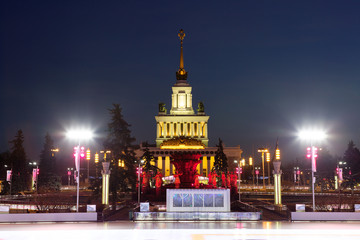Fototapeta premium Ледовый каток в Москве новогодним зимним вечером.
