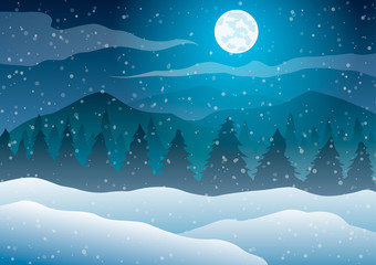 Vector illustration. Christmas. Night winter landscape. Trees against a blue background of falling snow, moon and mountains.