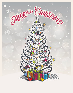 Christmas tree fir with toys and gifts. Christmas card.