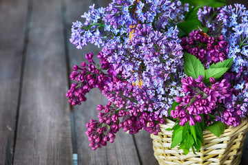 basket with  branch of lilac