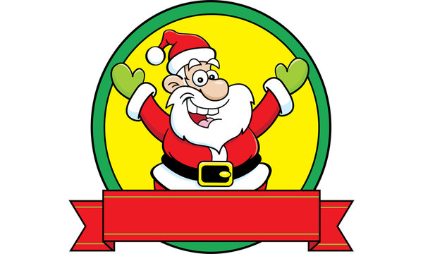 Cartoon illustration of Santa Claus with a banner.
