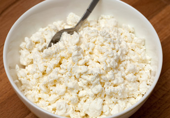 Cottage cheese in white bowl 
