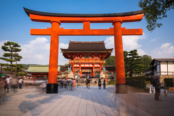 Tori at the main entrance of Fushimi Inari Shrine, Kyoto, Japan.
