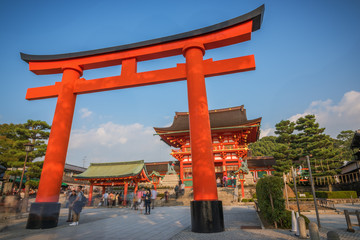 Tori at the main entrance of Fushimi Inari Shrine, Kyoto, Japan.
