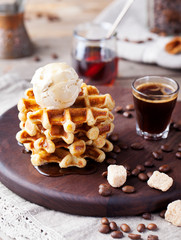 Fresh whole wheat waffles, ice cream, maple syrup