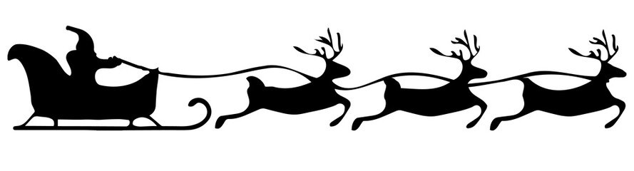 Vector illustration. Silhouette of Santa and reindeer on a white background.
