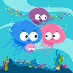 Cute jellyfish and fish swimming underwater. Vector illustration