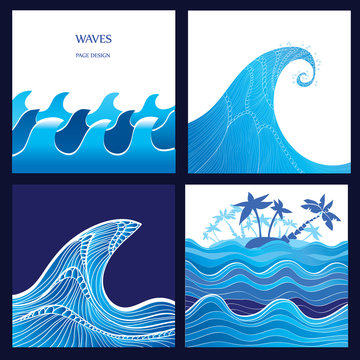 Sea, Wave, Ocean, tsunami vector illustration - set of 4 water backgrounds. Graphic waves and tropical island with palm trees. Blue watercolor wave silhouette with stripes. High Wave concept. Eps 10.