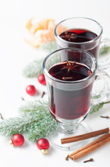 Hot mulled wine with cinnamon, cloves, and star anise