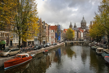 Typical view of canals in Amsterdam, Netherlands