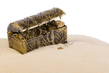 Treasure chest from pirates with gold coins and nuggets 