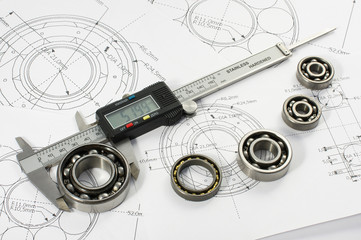 Bearing and caliper on the mechanical engineering drawing