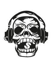 Totenkopf mit Kopfhörer und Dollar Zeichen